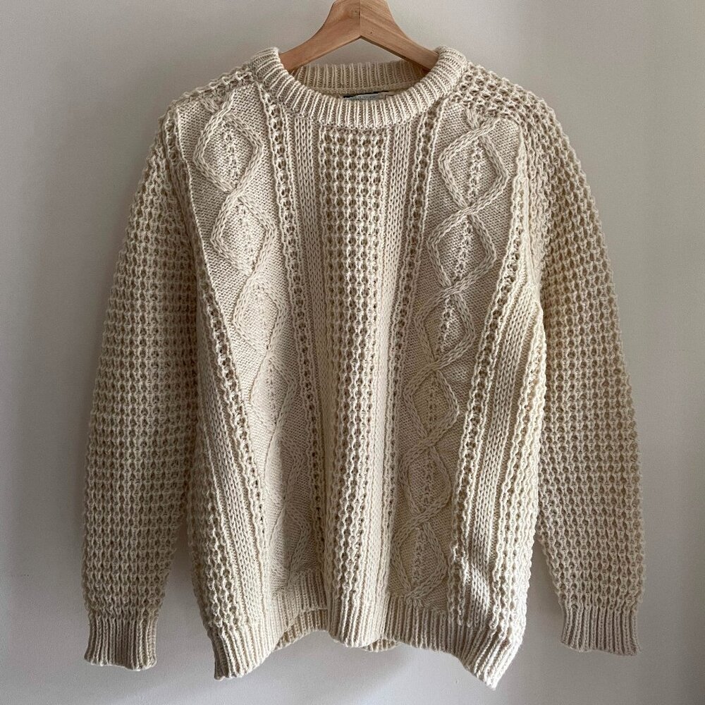 GAELTERRA Chunky Cable Knit Irish Fisherman Sweater 100% Aran Wool Size L
